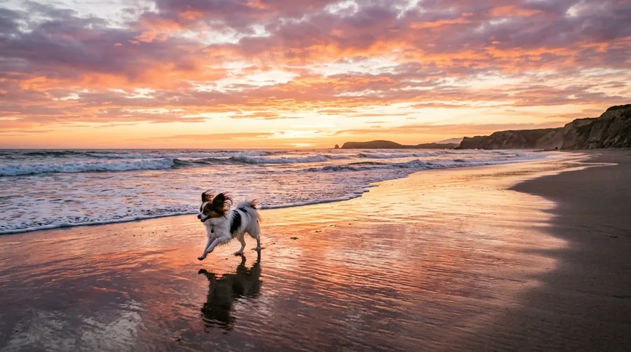 Papillon running on sandy beach