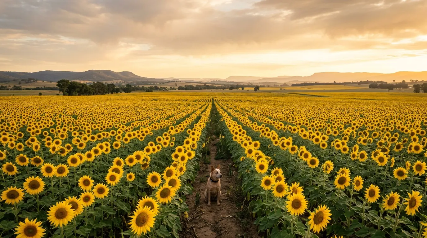 Cattle dog sitting in sunflowers — best dog memorial keepsakes