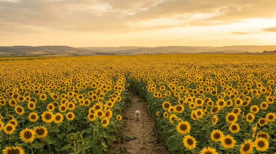 Dog sitting in sunflower field