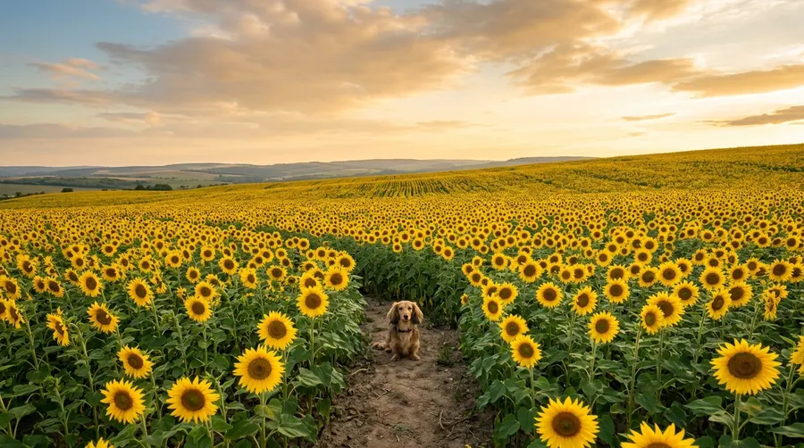 Dog sitting in sunflower field