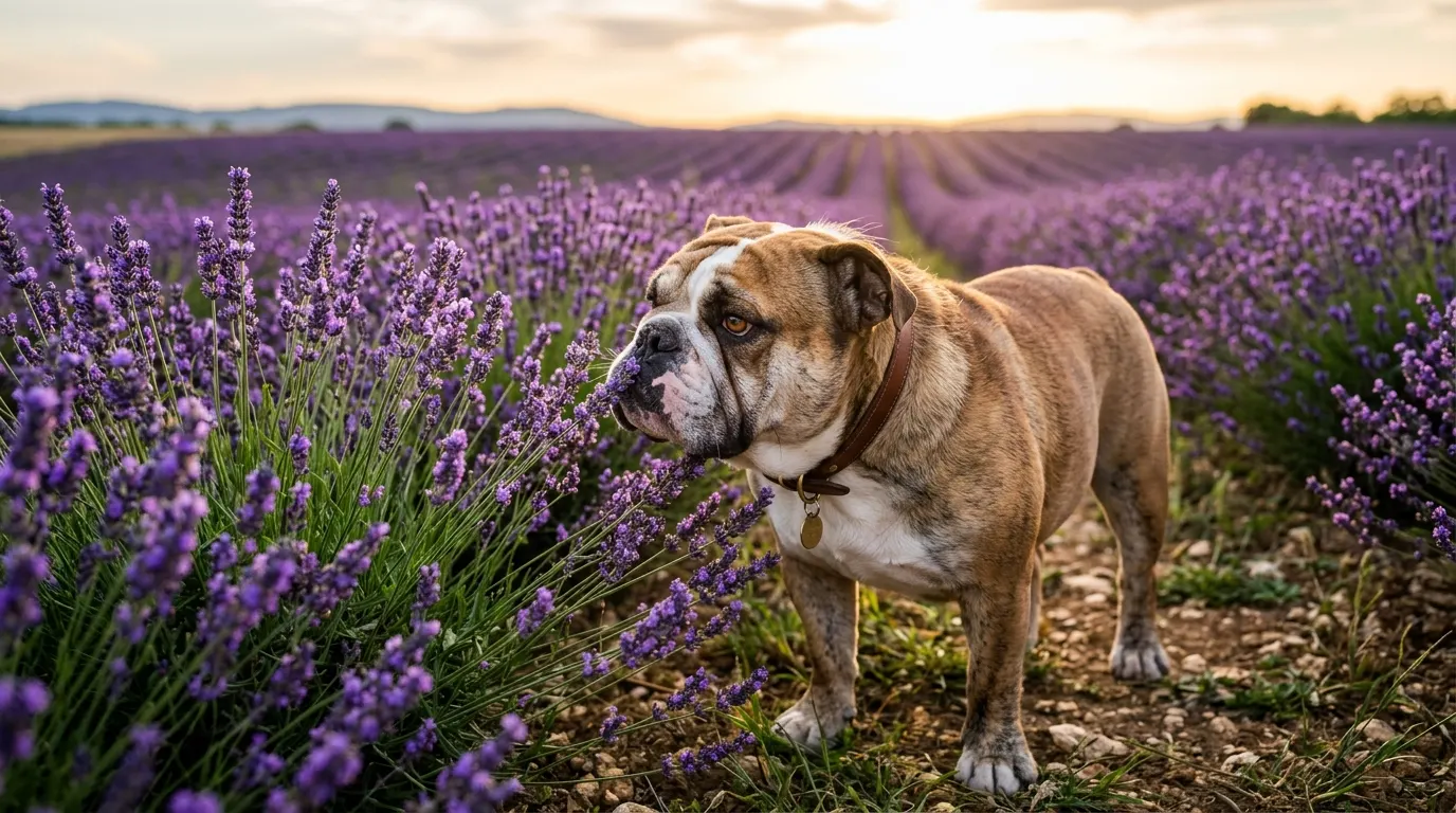 Bulldog sniffing lavender flower — best dog nail grinder
