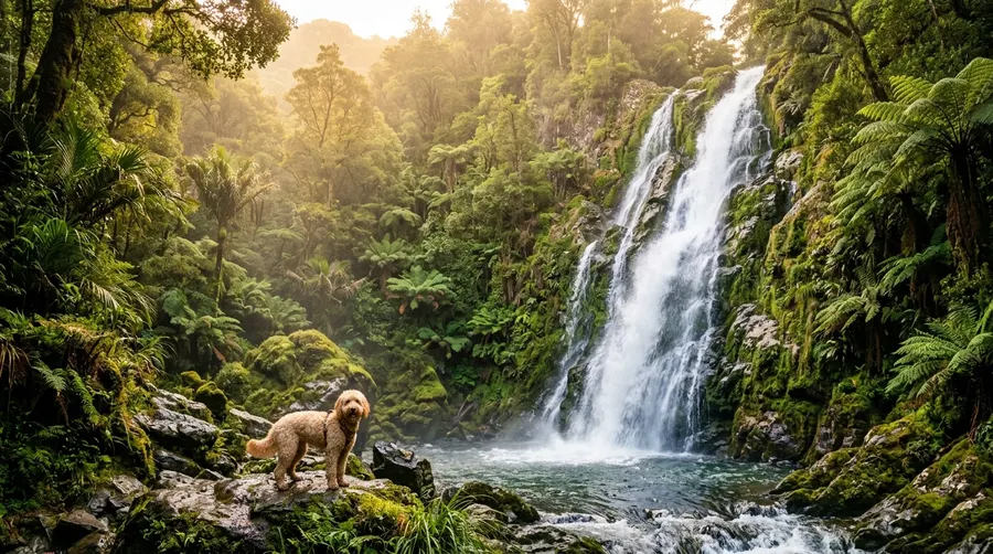 Golden doodle at waterfall
