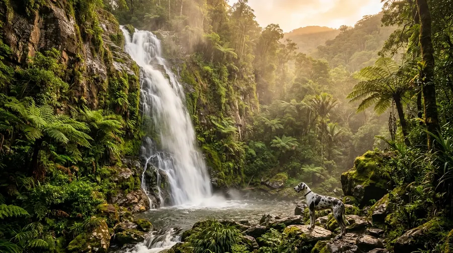Great Dane standing near waterfall