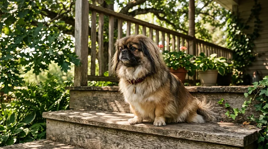 Pekingese sitting on wooden porch | best dog playpens Pekingese sitting on wooden porch