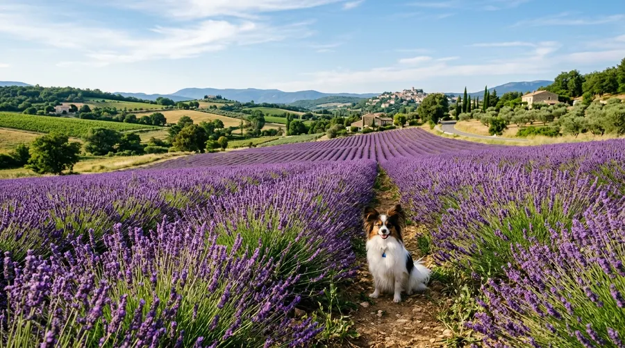 Papillon sitting in lavender field