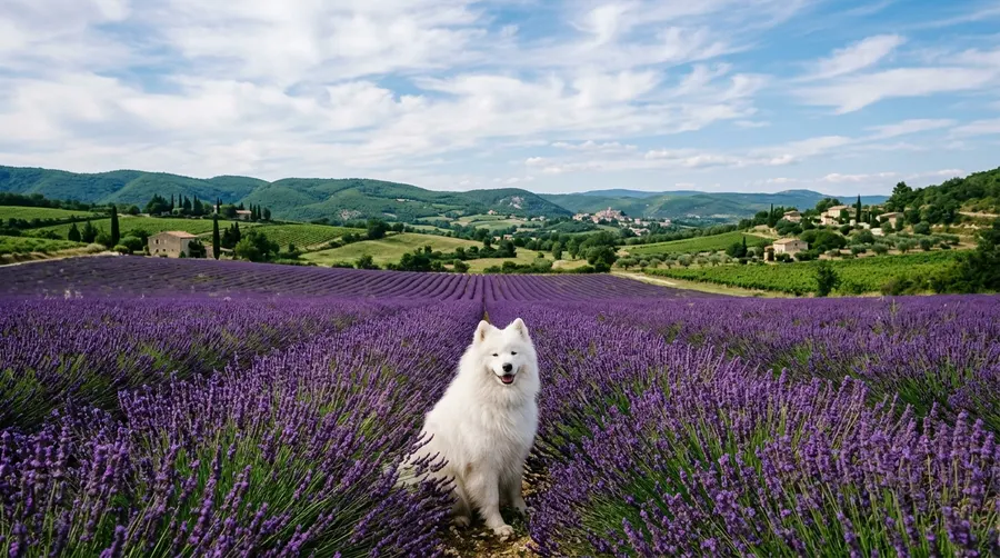 Samoyed sitting in lavender field