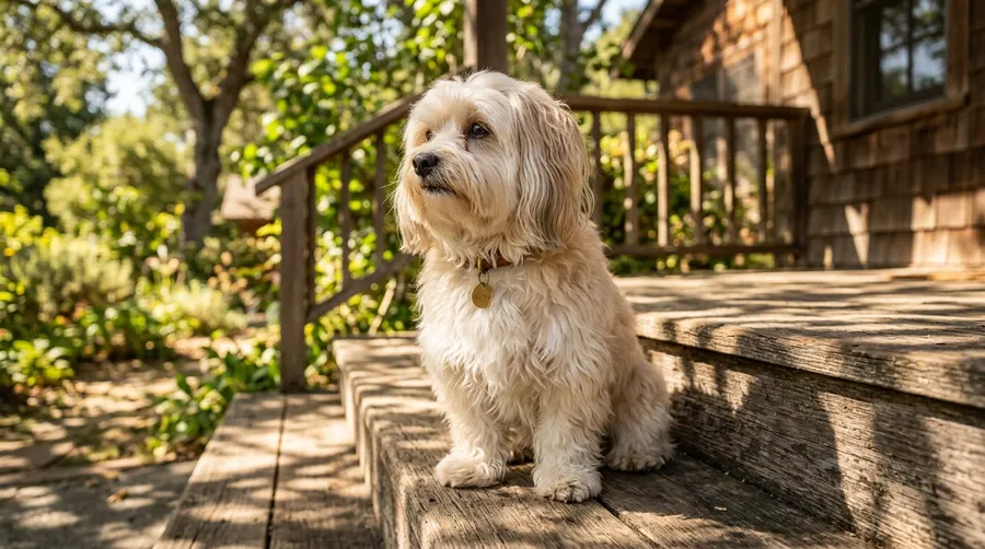 Havanese sitting on porch step | best dog ramps Havanese sitting on porch step