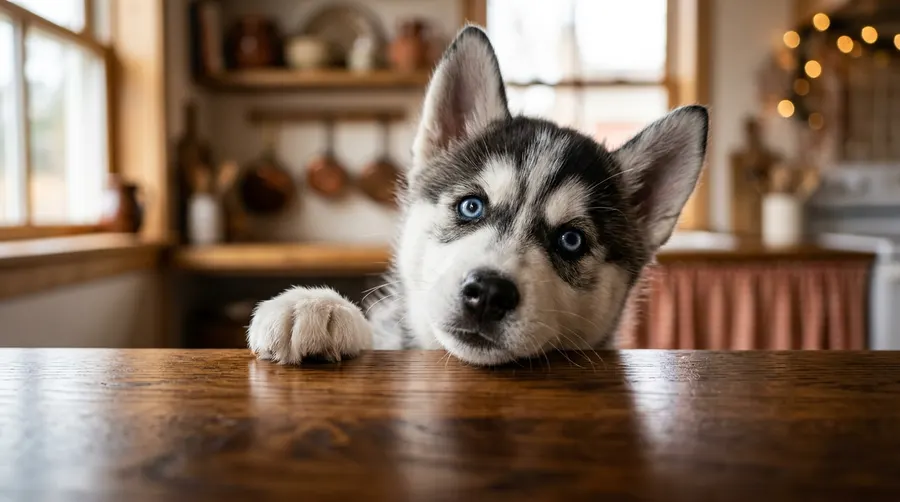 Husky peeking over wooden tabletop | best dog ramps Husky peeking over wooden tabletop