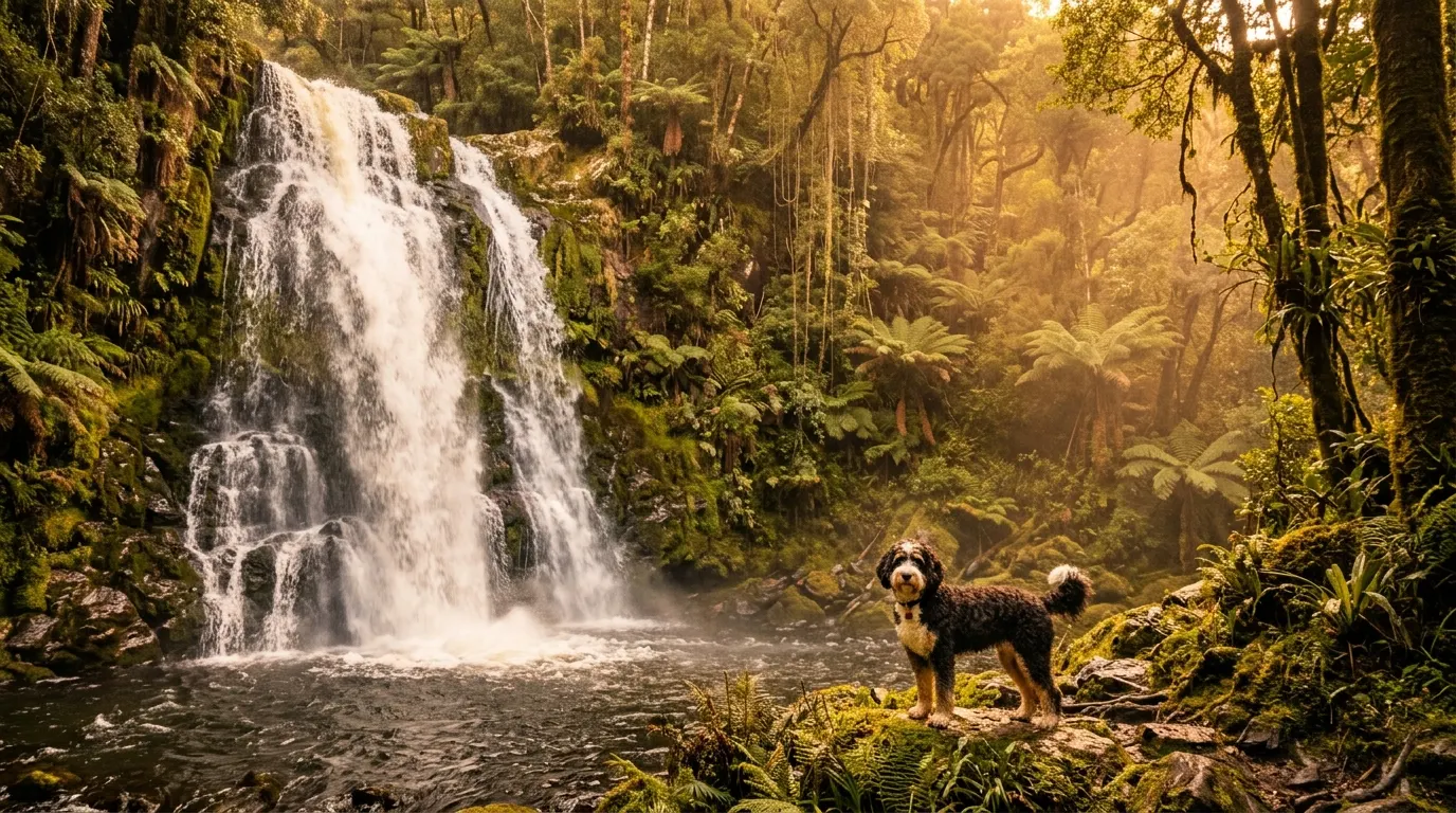 Bernedoodle standing at waterfall — best dog shampoo