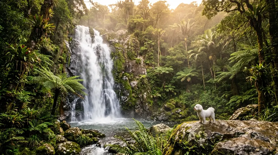 Bichon Frise standing by waterfall