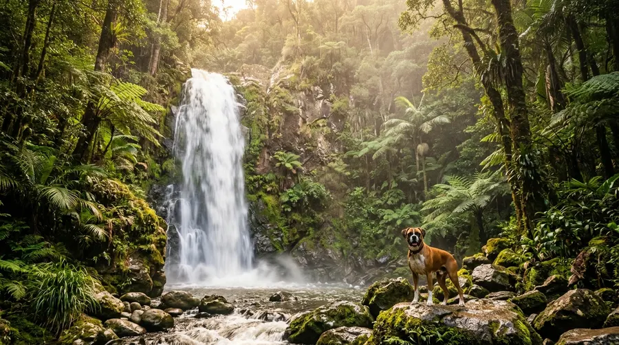 Boxer standing near waterfall