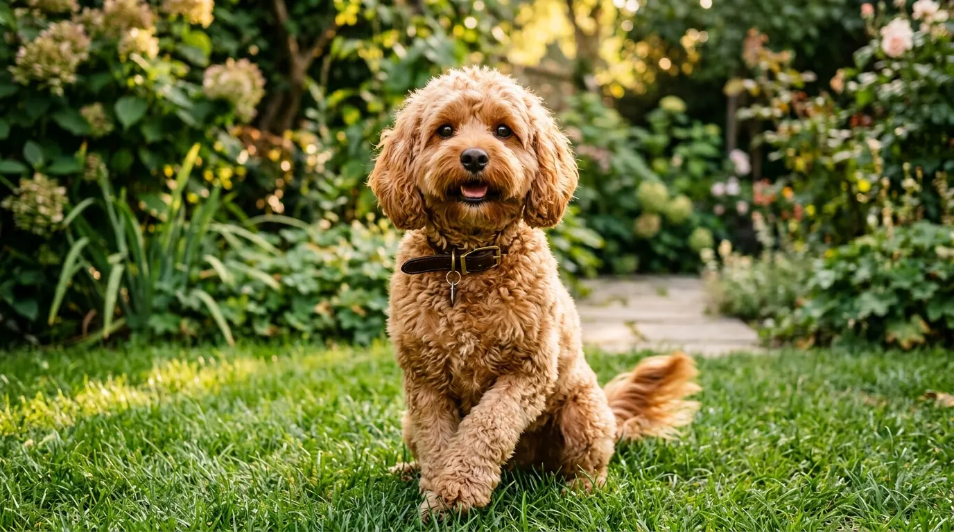 Cavapoo sitting in backyard — best dog tie out stakes