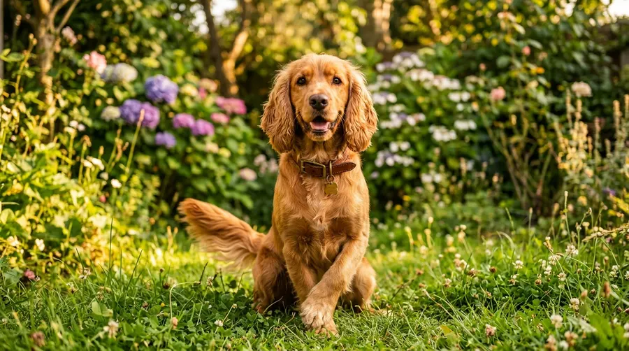 Cocker Spaniel sitting in backyard