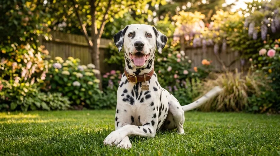 Dalmatian sitting in green backyard