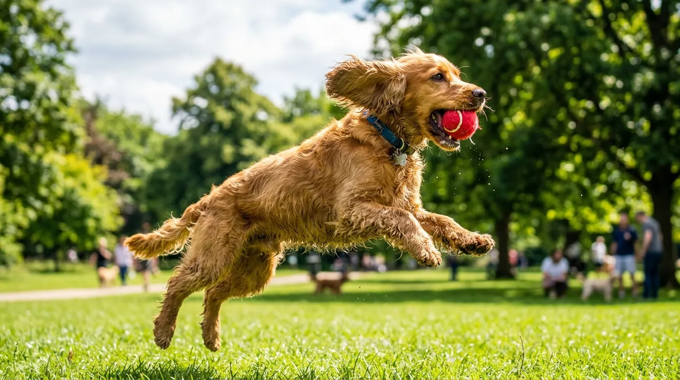 Cocker Spaniel catching tennis ball — best dog toys for heavy chewers