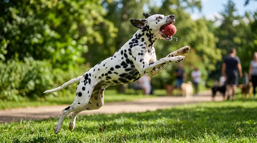 Dalmatian catching tennis ball