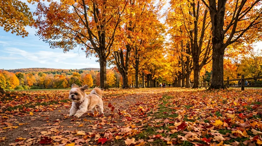 Dog running in autumn park