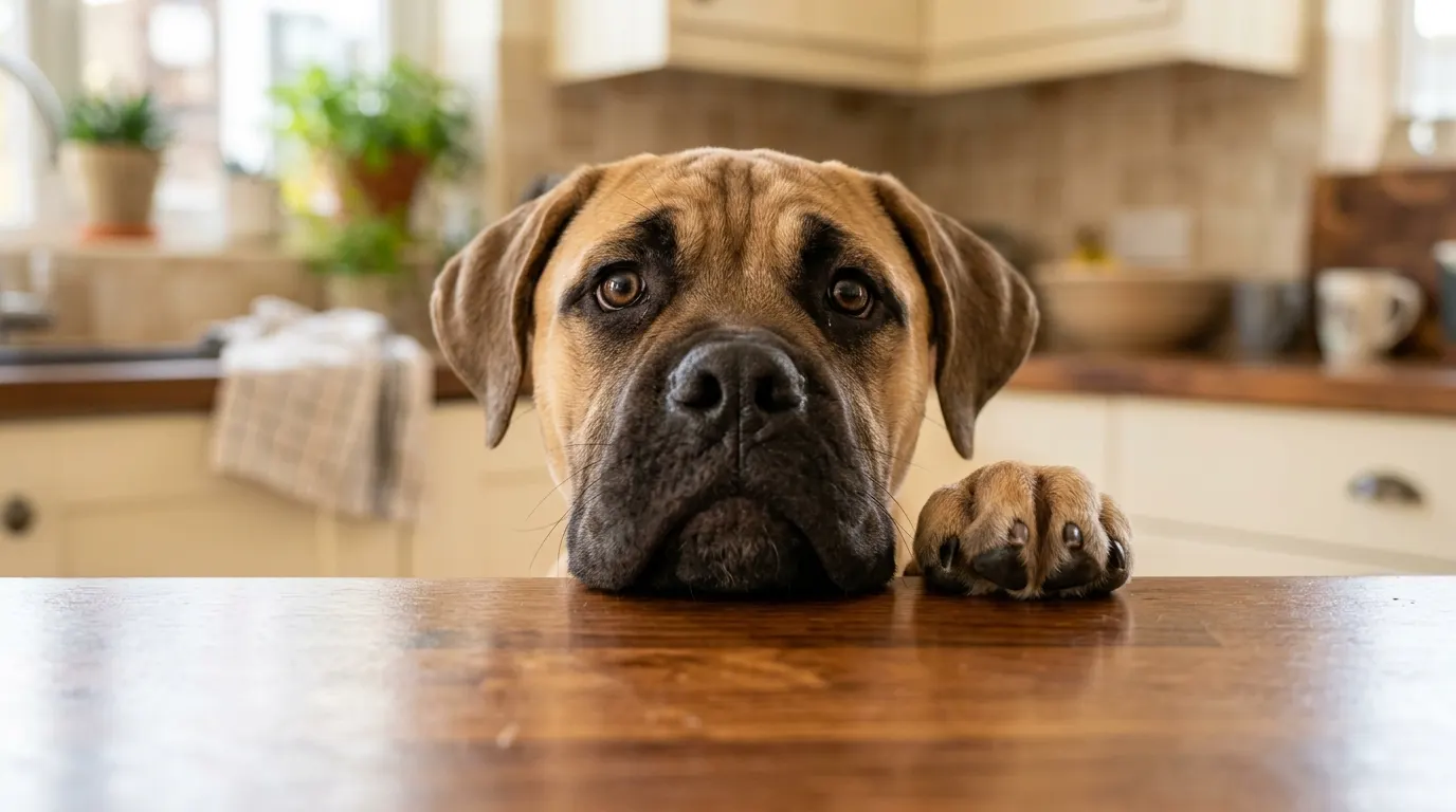 Bullmastiff peeking over tabletop — best dog training treats
