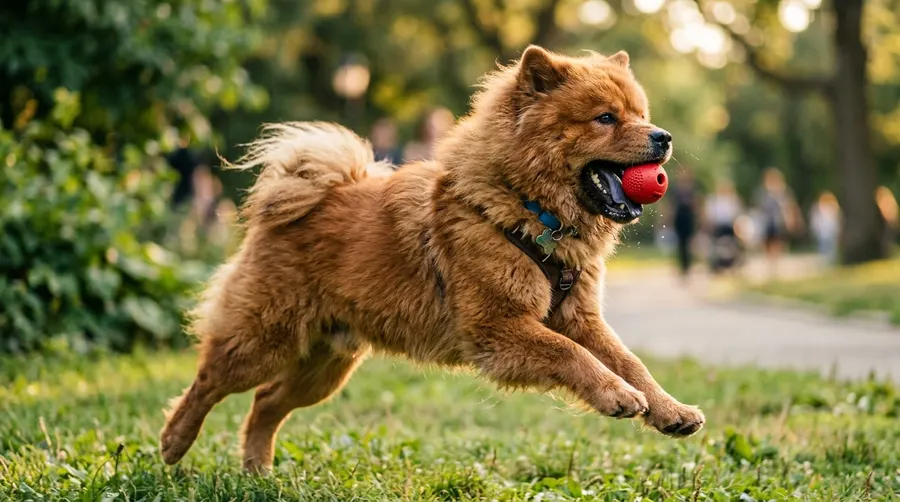 Chow Chow catching red ball