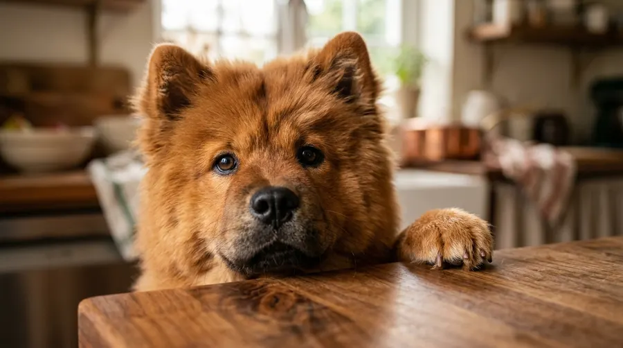 Chow Chow peeking over tabletop