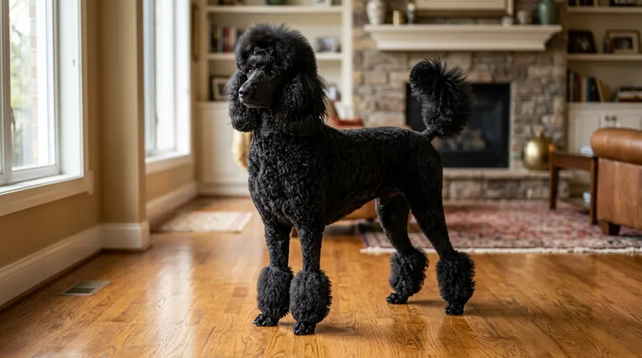 Black Poodle standing proudly