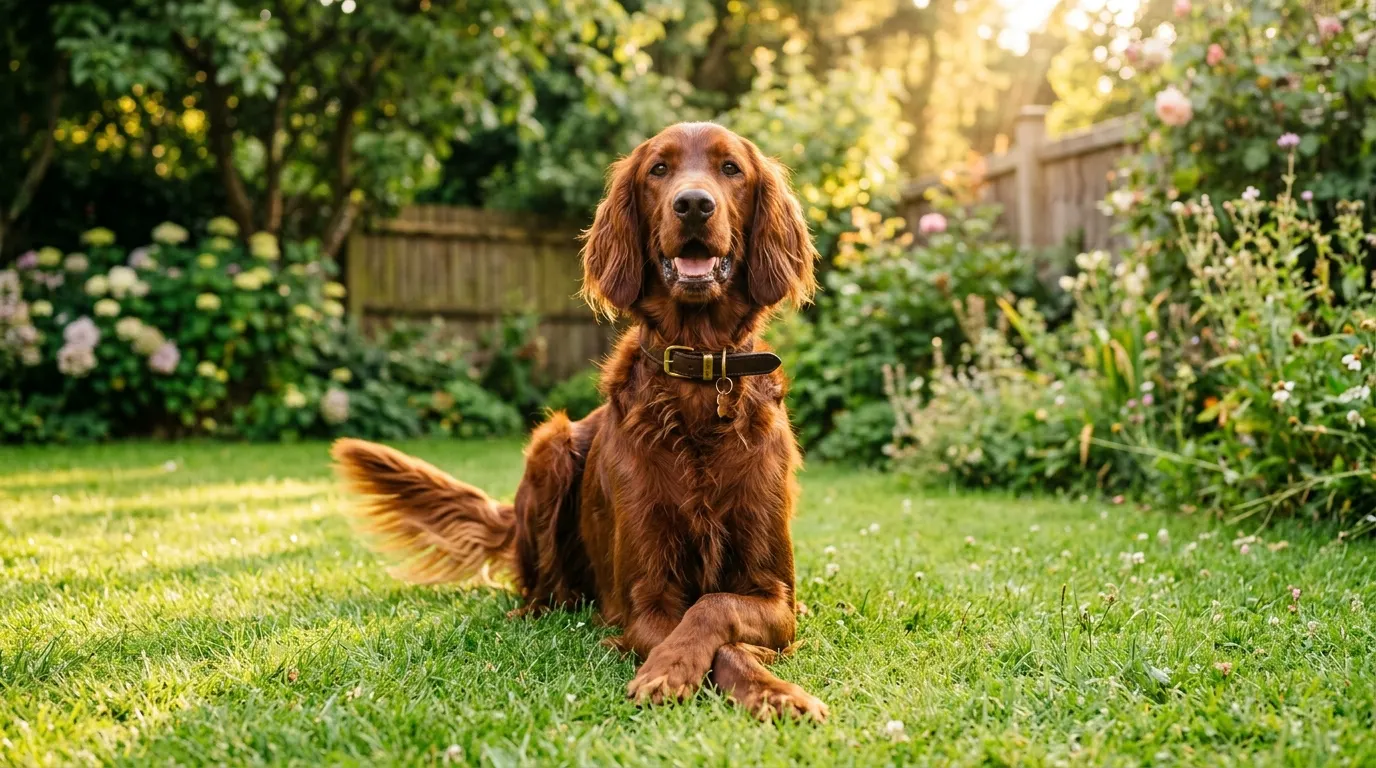 Irish Setter sitting in backyard — best dog trolley tie out systems