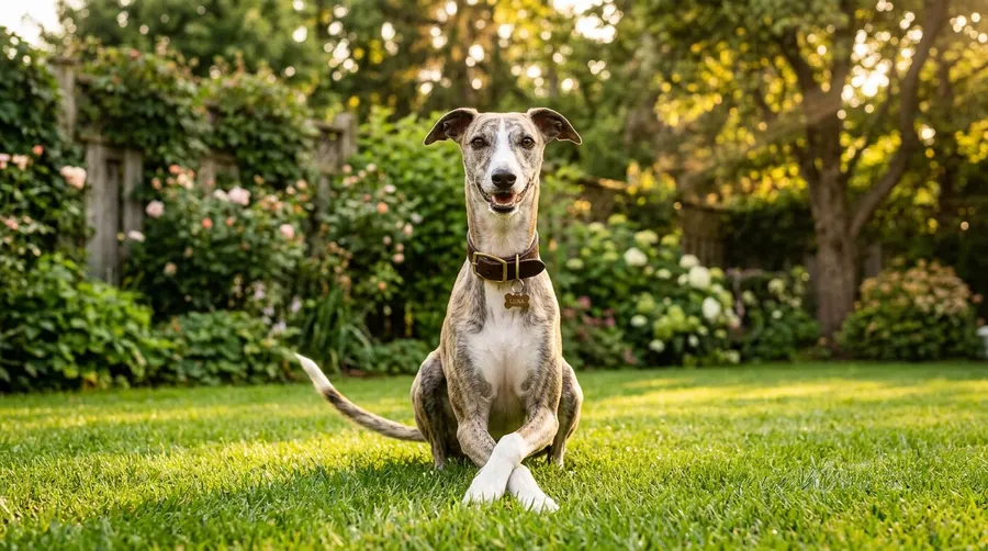 Whippet sitting in backyard