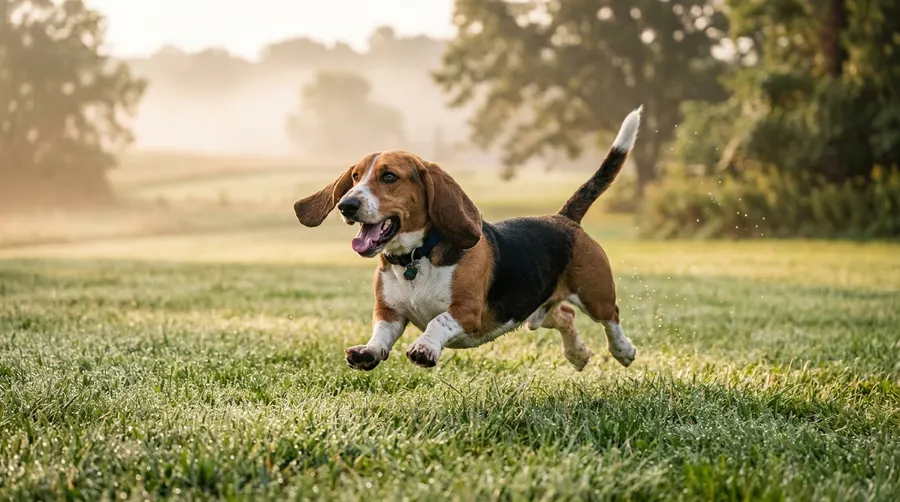 Basset Hound running on lawn | best environmental flea control for the home Basset Hound running on lawn