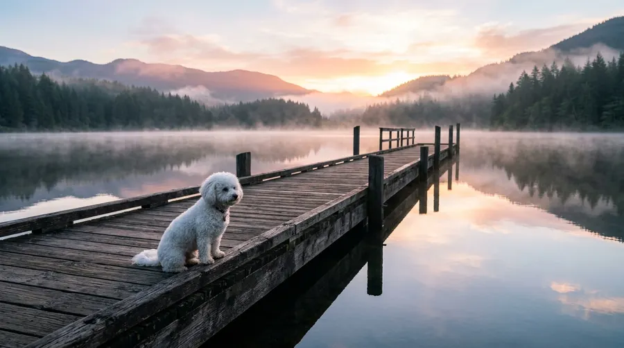 Bichon Frise sitting on dock