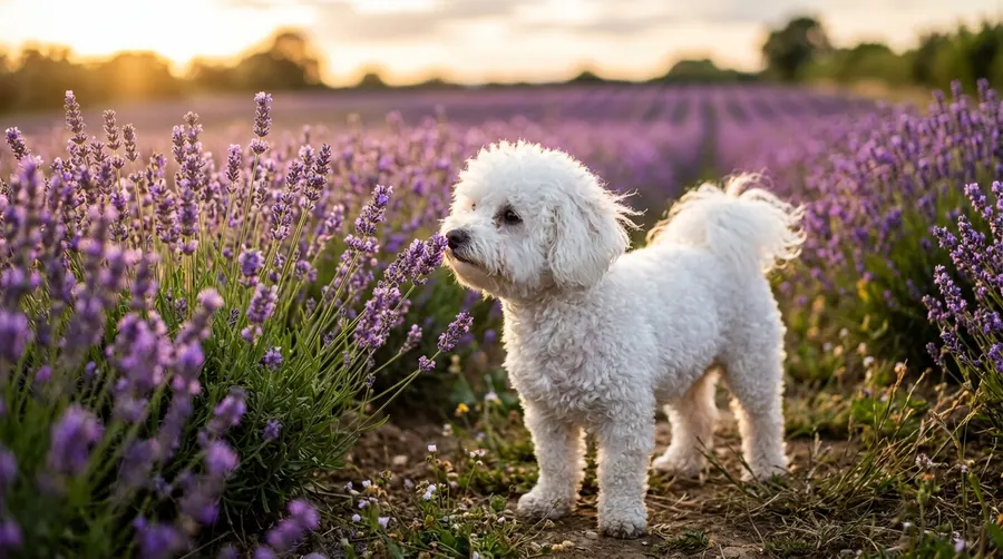 Bichon Frise sniffing lavender