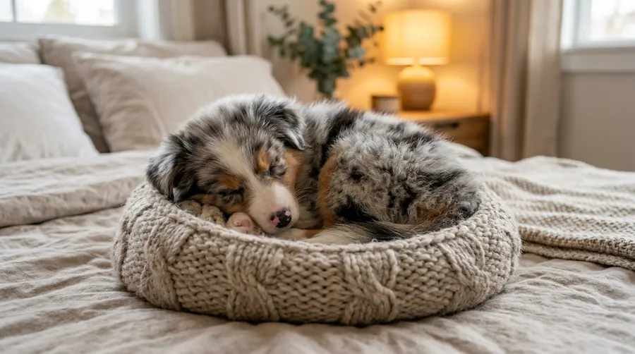 Puppy sleeping in wool basket