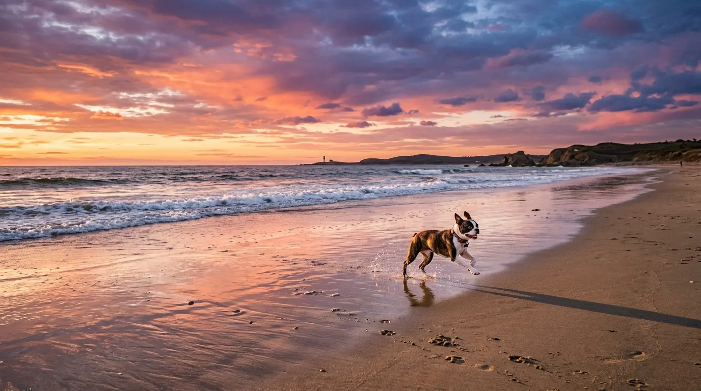 Boston Terrier running on beach — best gps dog collars