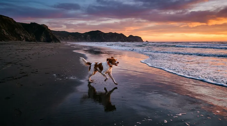 Brittany Spaniel running on beach