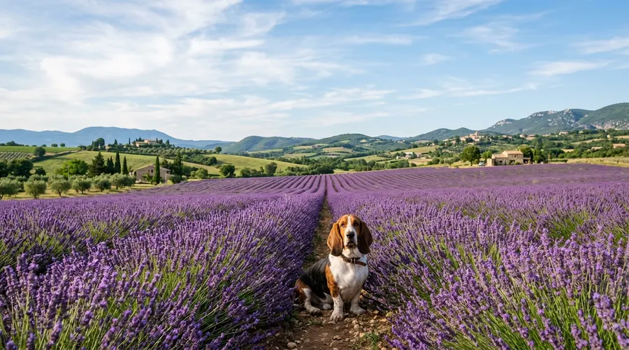 Basset Hound sitting in lavender