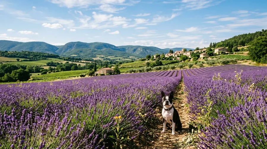 Boston Terrier sitting in lavender