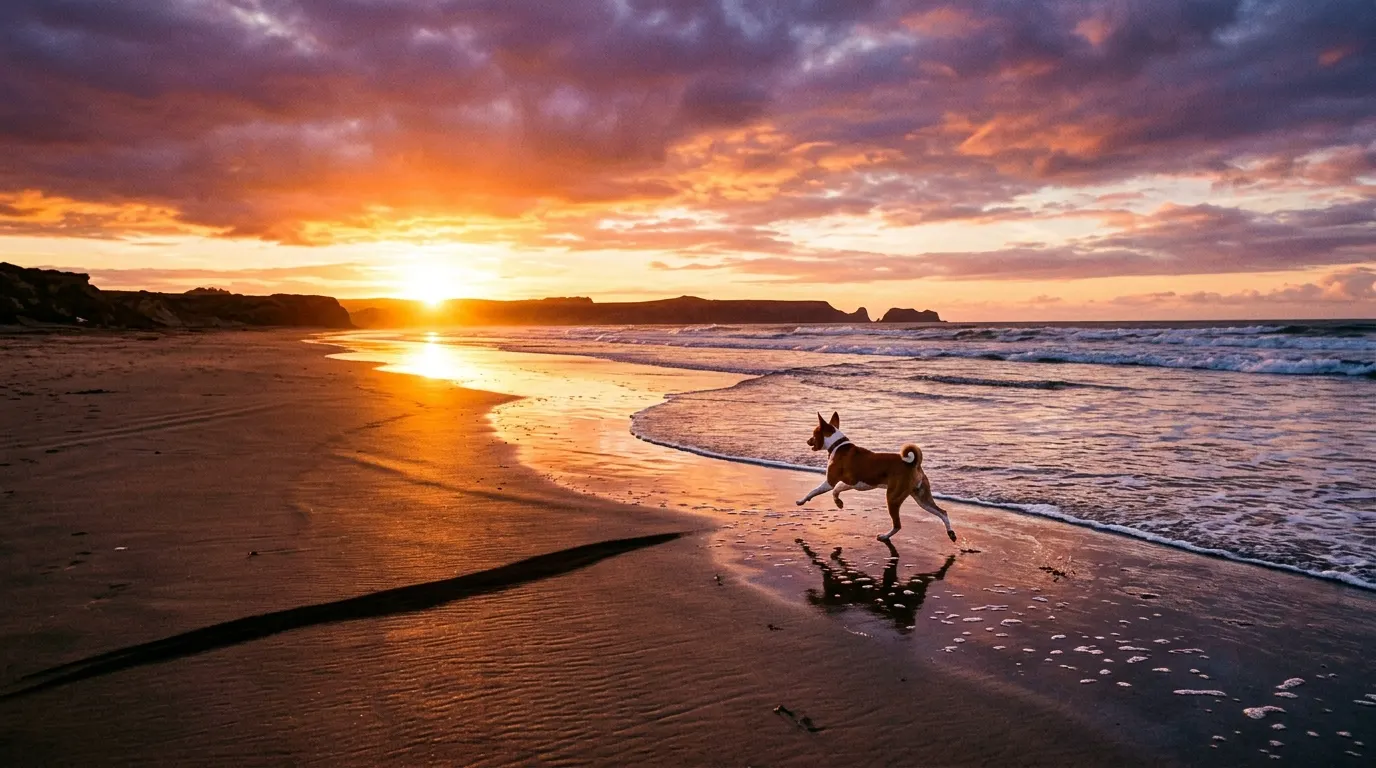 Basenji running on sandy beach — best no-pull dog harness