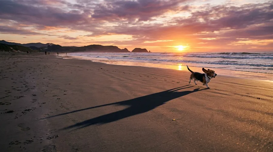 Basset Hound running on beach