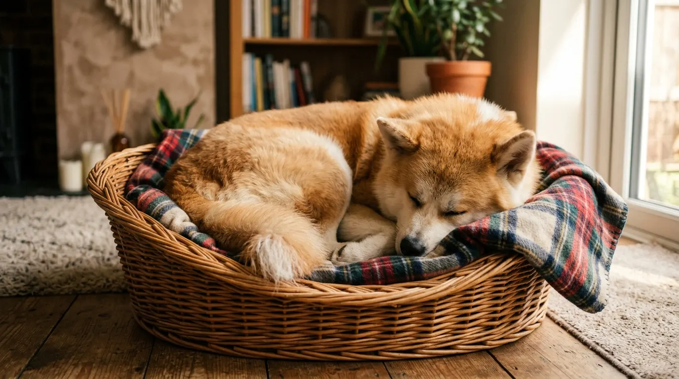 Akita sleeping in basket — best orthopedic dog beds