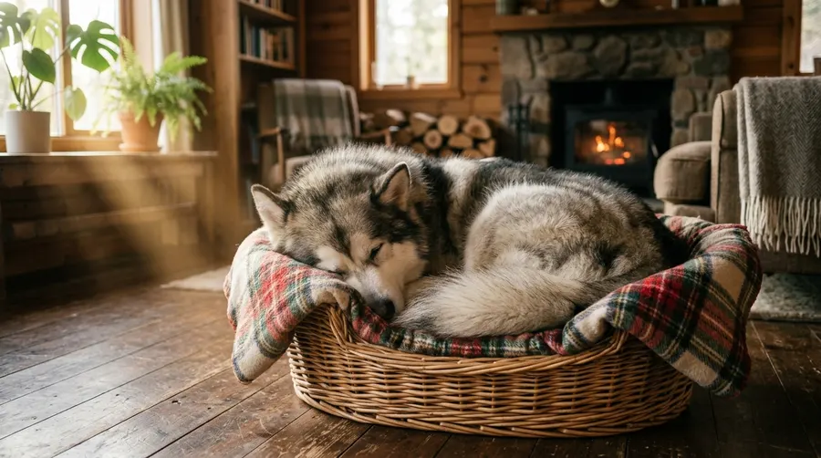 Alaskan Malamute sleeping in basket