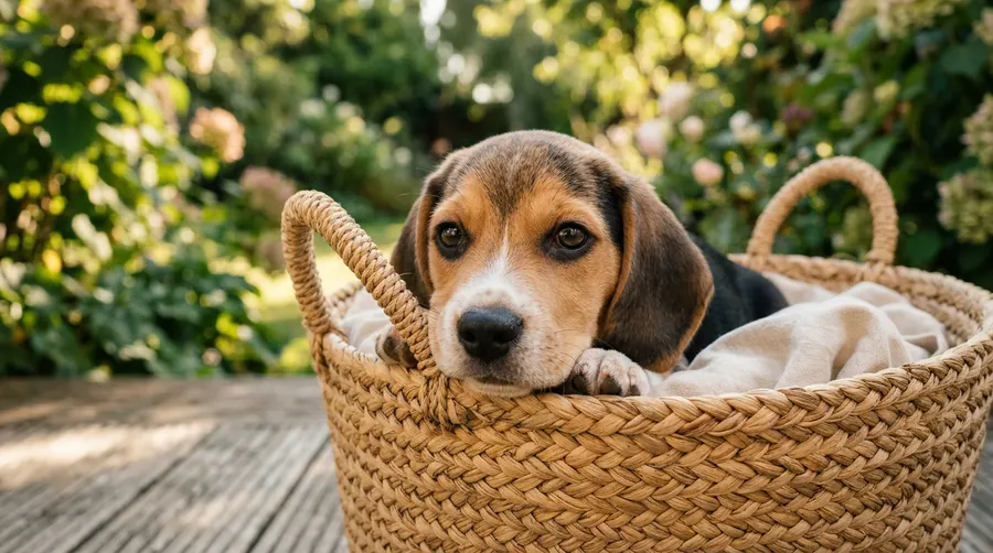 Beagle puppy resting in basket