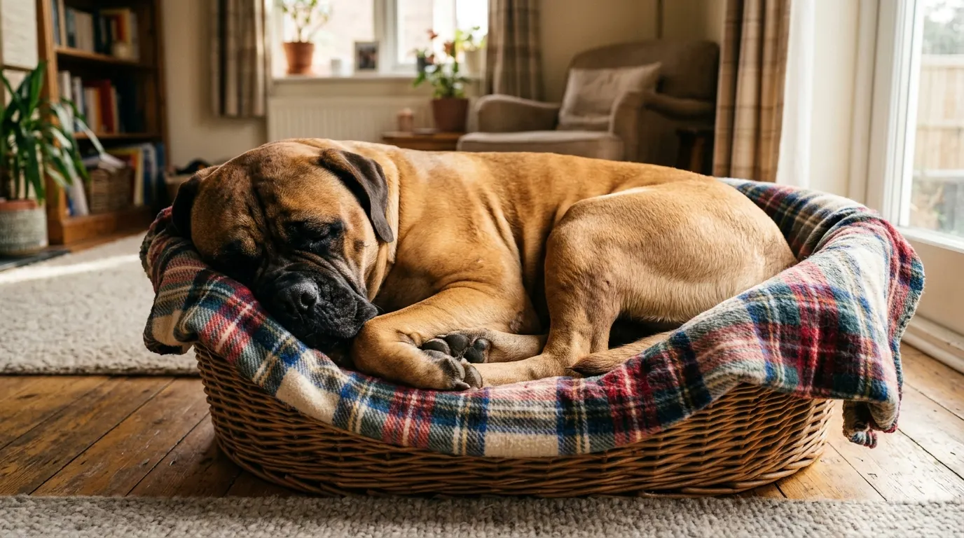 Bullmastiff sleeping in basket — best outdoor dog houses