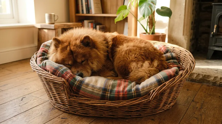 Chow Chow sleeping in basket
