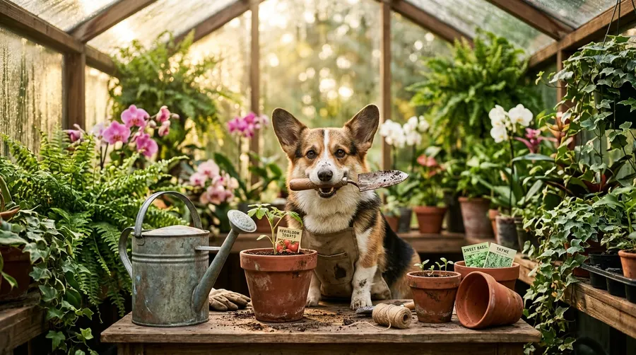 Corgi gardening in greenhouse