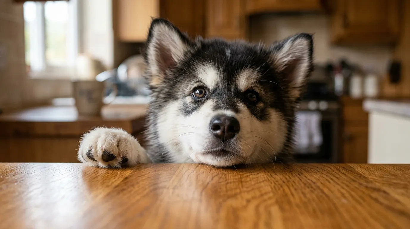 Alaskan Malamute peeking over — best pet camera for dogs