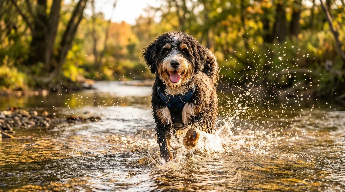 Bernedoodle splashing in stream — best puppy potty training pads