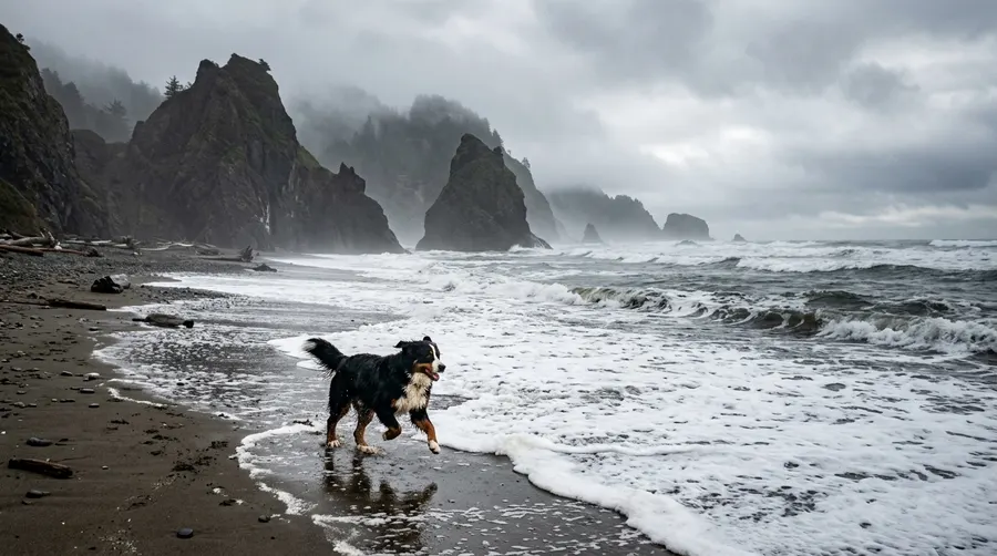 Bernese Mountain Dog chasing sea