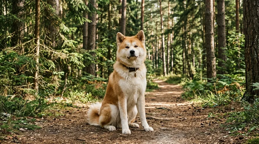Akita sitting on dirt path