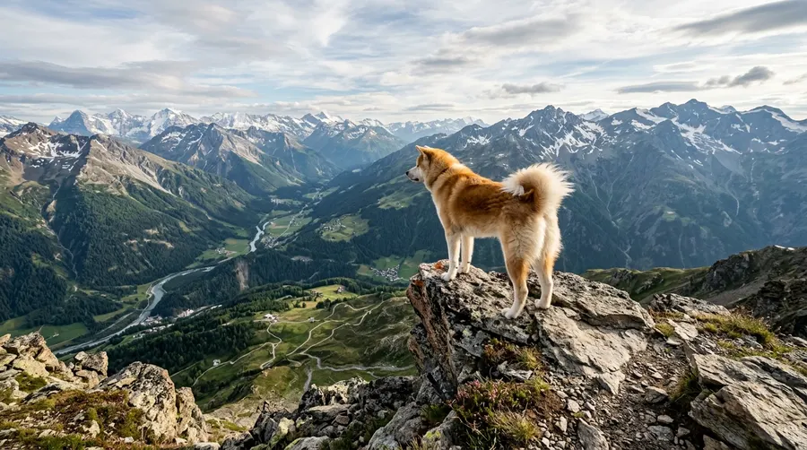 Akita standing on mountain lookout