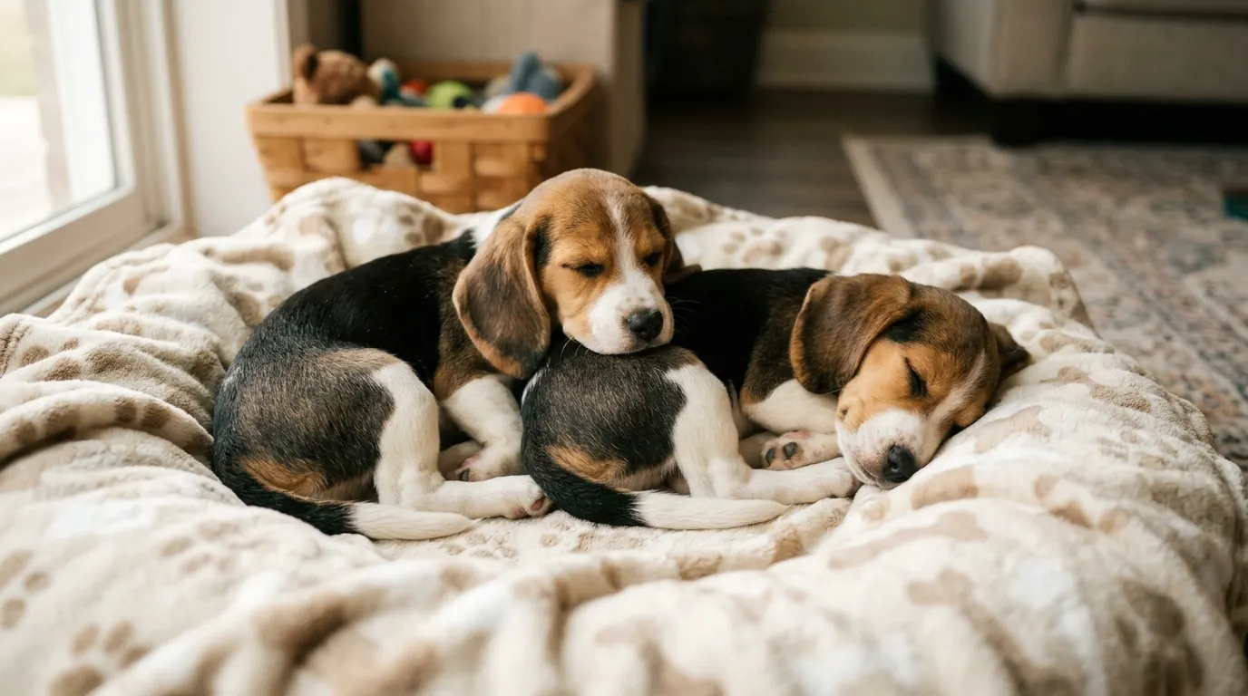 Beagle puppies cuddling on blanket — best tick removal tools for dogs