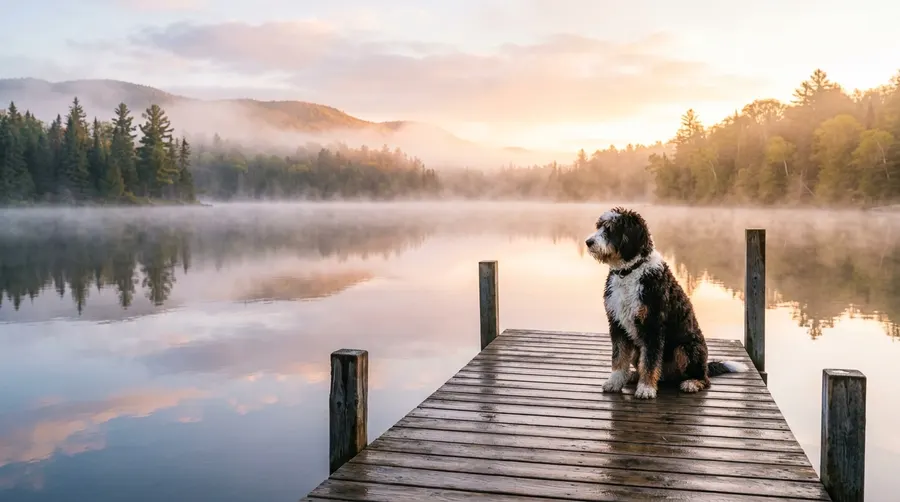 Bernedoodle sitting on wooden dock